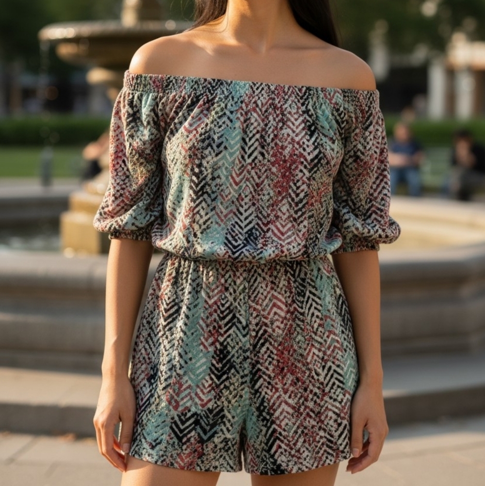 Boston proper long sleeve off the shoulder shorts romper W/ Pockets W41